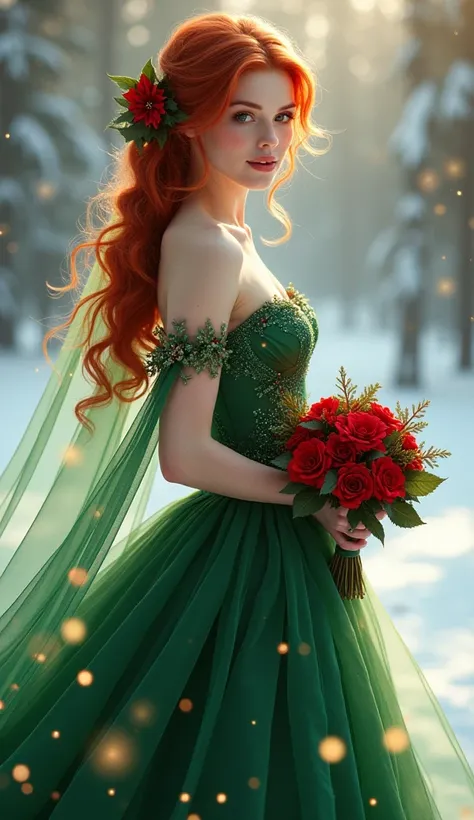 Beautiful Red-Haired Bride 。A green dress with Christmas tree ornaments and lights as motifs and a green veil with lights。poinsettia hair ornament。Christmas rose bouquet 