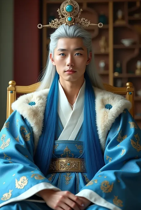 A 25 year old korean king a handsome sitting in a golden chair, his eyes is blue, his hair is long and color white combination of blue , his dress is like a korean king color sky blue to dark blue combination with white with crown in his head with with acc...