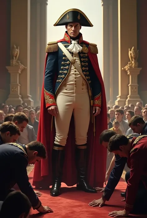 Napoleon Bonaparte is standing and everyone else is bowing their heads in obedience to him.