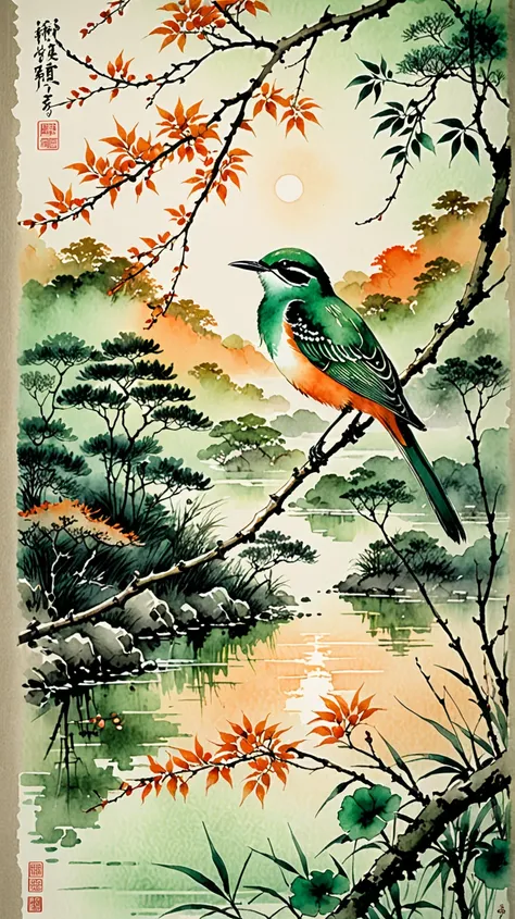 watercolor art, a beautiful painting of a bird sits on a stygian branch, in the style of larme kei, light emerald and orange, gravure printing, romantic riverscapes, ricoh ff-9d, tanbi kei, rustic scenes