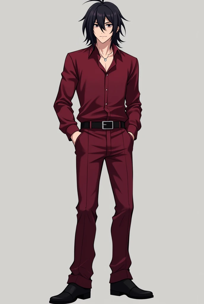  I want you to generate an image of a character , he is a man, Young, He is white, She has long shoulder length hair and black ,  black eyes , very dark red dress shirt and very dark red pants and black shoes, in anime style