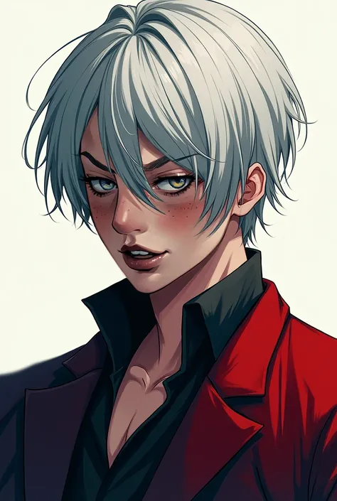 sinister man with short white hair with bangs on one side of his face, multicoloured clothes, black-painted upper lip , parts,  anime style