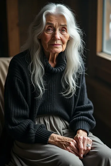 81 year old woman sitting with long white and black hair dressed in a skirt and sweater 