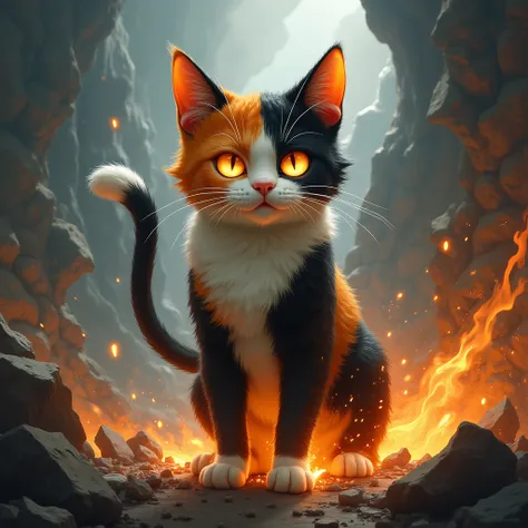 The god of destruction of a calico cat with a Munchkin face