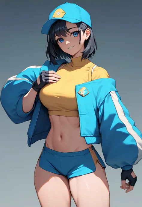 score_9, score_8_up, score_7_up, source_anime, best quality, clear face,fast skinny girl,black hair, blue eyes, medium hair, large breasts, perfect body, standing, slight smile, yellow shirt underneath blue short jacket,blue mini shorts, indoor, pose,cool,...