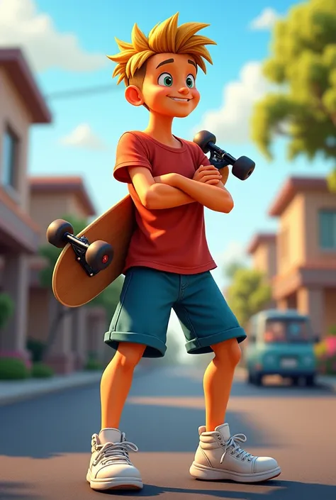 (masterpiece, best quality), highly detailed, stylized cartoon character, teenage boy, yellow skin tone, spiky hair, confident smirk, blue shorts, red t-shirt, white sneakers, skateboard under his arm, casual pose, (suburban street background:1.2), vibrant...