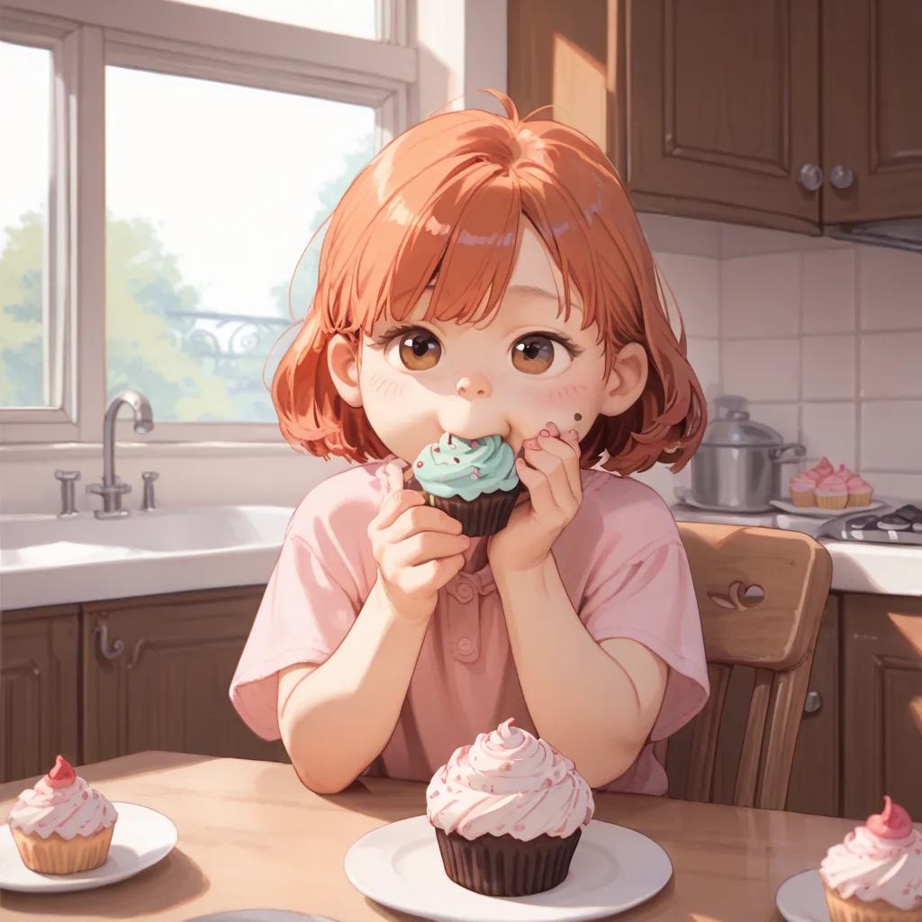 meilinlee, brown eyes, pink shirt, sitting on chair, eating a cupcake, table, food on table, indoors, kitchen