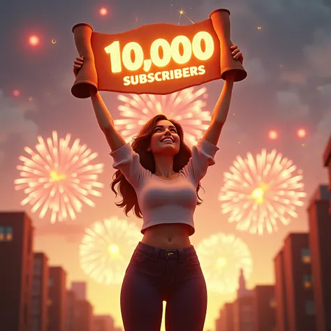 3d art woman holding a glowing scroll that says “10,000 Subscribers” with fireworks in the background