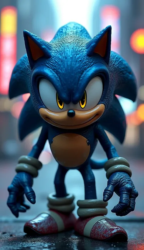  A hyper-realistic fusion in a 9 :16 do Venom e do Sonic.  The resulting creature has the blue and viscous body of Venom,  with Sonics blue spines . His eyes are big and yellow,  with a frantic expression .  format in a futuristic urban setting with neon ....