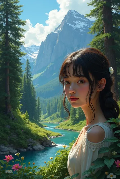 forest, river, mountains, ((closeup a girl)), beautiful natural landscape, art by Tony Sart and artgerm and randy vargas, karl kopinski