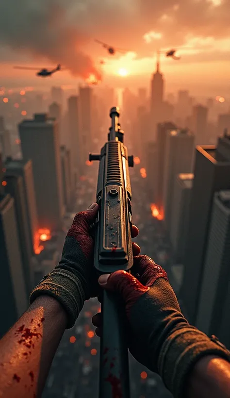 First-person view of a survivor standing on a rooftop surrounded by zombies climbing up from all sides. The survivor’s hands reload a rifle with bloody, trembling fingers as the undead close in. The distant city skyline is ablaze, with helicopters circling...