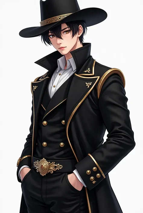  I would like .. anime..4k ... is an adult man ... with short black hair ..unfurled  ..Korean .  Verdagua eye ... high..  attractive sexy boy ..  age 26 years  .  full body... full body de pie a cabeza.. cowboy clothing with head-to-toe ..black color.full ...