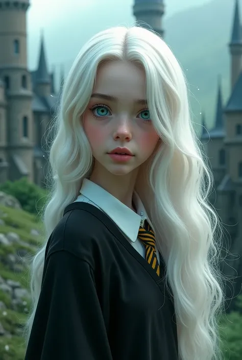 A 14,  long white hair , eyed girl with green and blue heterochromia, in Hogwarts uniform. harry potter style, Very light face Reyenita