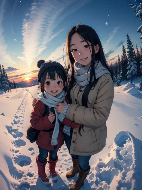 masterpiece，  best quality，High image quality，(  super flat ，  Flat Shading  )，  fisheye lens，Beautiful petite trained young mother and her very cute little trained daughter:1.25，   warm scarf，(naked)，Long Hair，   boots，smile, smile，White Breath:1.2，fun, p...