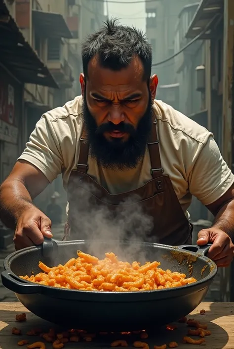 Third world champion Salchipapa fighting for survival in front of a frying pan 