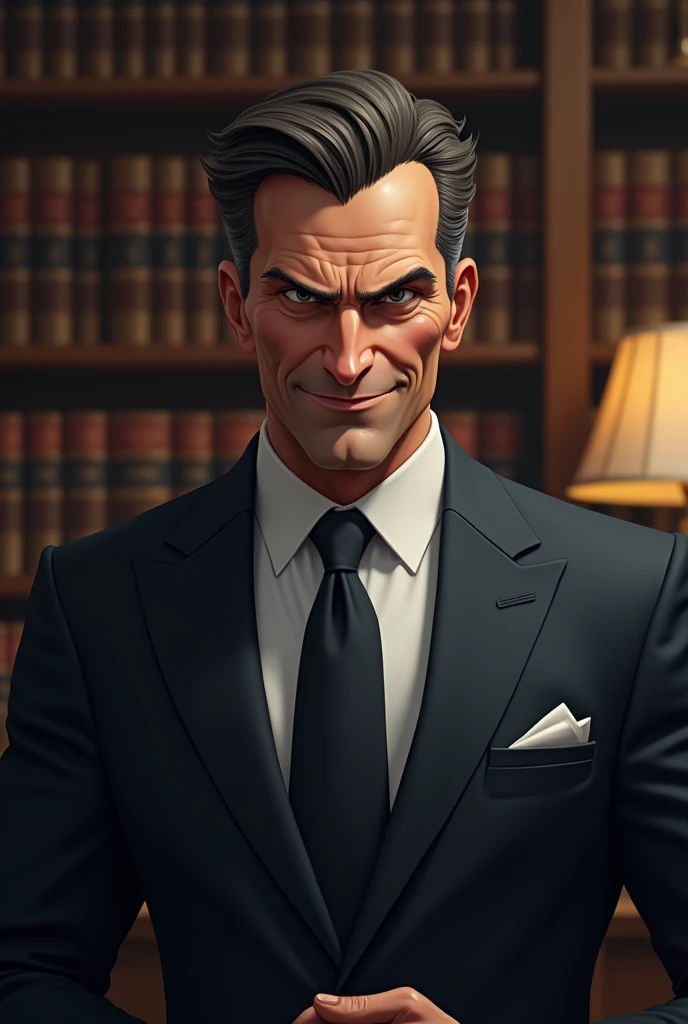 Create the image of a charming and influential lawyer with a suspicious face