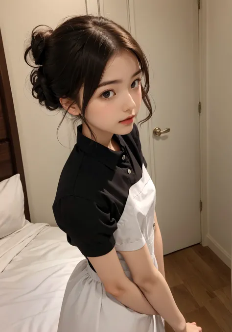 maid, chignon hair,brown hair,slender body,cute pretty girl