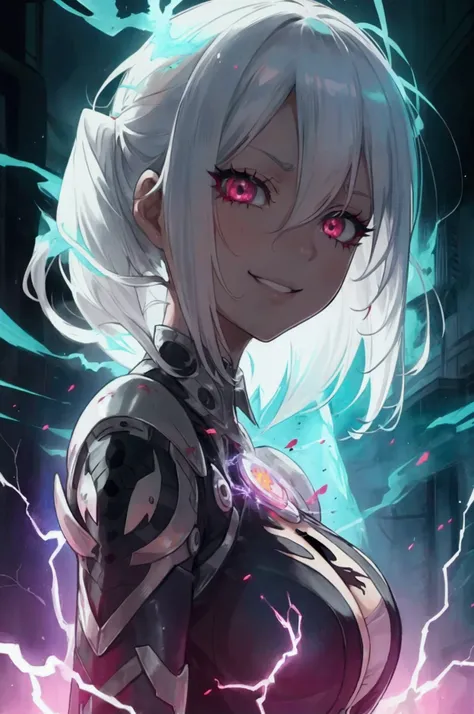  adult woman with shiny white hair,  confident smile, irritated eyes, electricity around , devastated environment,  Torn clothes,  anime style 
