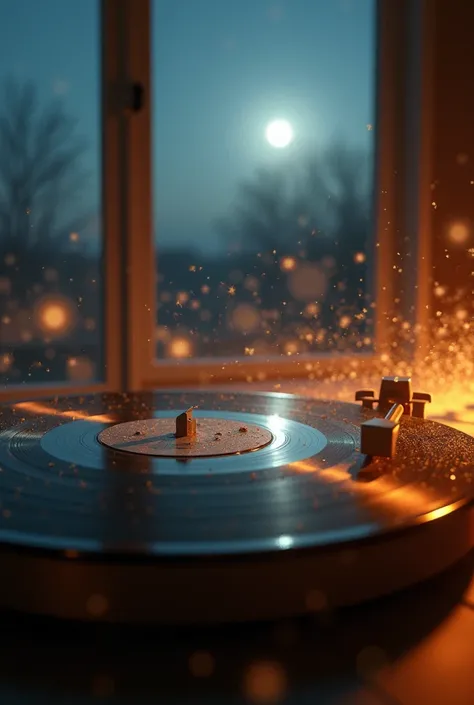  Close-up view of a vintage vinyl record spinning in a glass cabinet,  with a stylized bright halo of light following its rotation .  Dust particles float softly around , illuminated by a  , adding a nostalgic touch .  In the background it is possible to s...