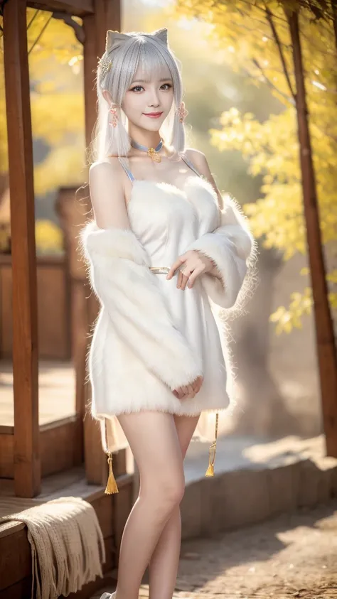  Best Quality ，8k， masterpiece，  High Resolution ， 1 Girl， clear silk porcelain dress， Fur coat， Hair accessories， Smile， Shut up， Slightly open lips，Shoulder， straight dress ， Hair accessories，  Choker Necklace ， Jewel-like， Chinese clothing， White hair， ...