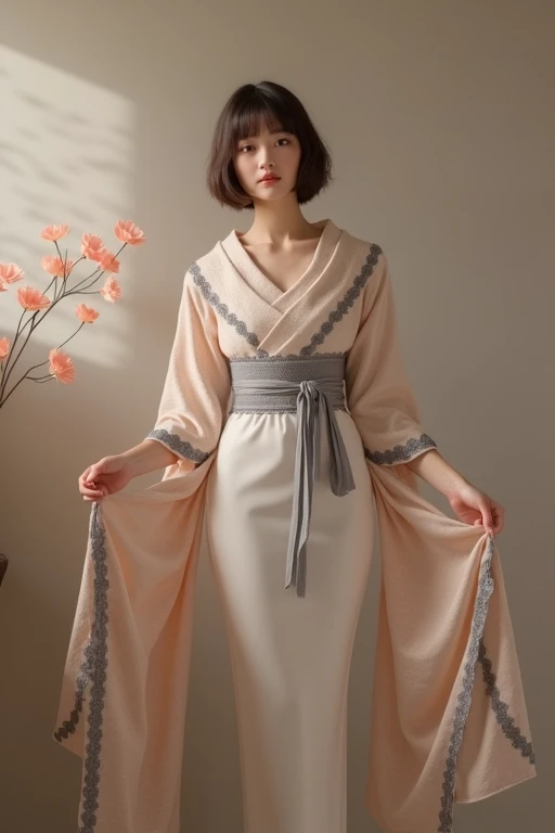    Beautiful Caucasian girl with white skin ,    wearing a feminine kimono-style dress    (   classic Japanese decoration   ) ,with a wide obi   ,    and floral lace details and a short pencil skirt.short sleeves with  .,  gray lace distributed in sleeves ...