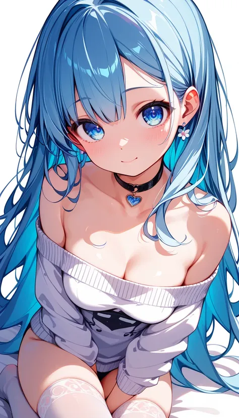  High image quality 、  High Quality 、   one girl who is at ease 、Droopy eyes、 light blue hair 、  straight hair 、 long hair 、Light blue eyes、  short、Loli Big Tits、 medium breasts、 cleavage、 face close-up、 shy expression 、 taken from above、 girl looking at t...