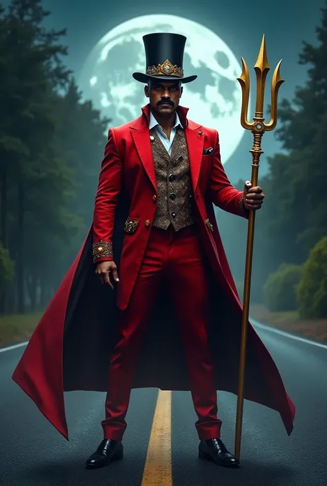 brown man, red suit , silver jewelry, Light gray eye,  black hair , Serious, smoking a cigarette,  standing in the middle of a road , From night to full moon  ,dress shoe, short mustache,  wearing a black and gold top hat with golden trident detail , holdi...