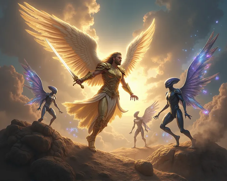  Imagine an epic scene in a heavenly landscape , where a majestic Archangel ,  with shining wings and golden armor ,  bravely confronts a horde of aliens .  His sword shines with divine light ,  while his expression reflects determination and courage . At ...