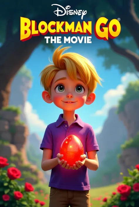 Create Disney version movie cover but have a boy with yellow hair purple polo shirt with a red dragon egg and the Disney logo and the title is BLOCKMAN GO THE MOVIE