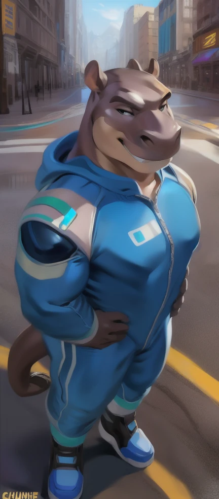    alone   , female, Standing on the road , hippo,    Blue Military Spacesuit, Overload  ,   Binding muscles  , Smirk, by chunie   