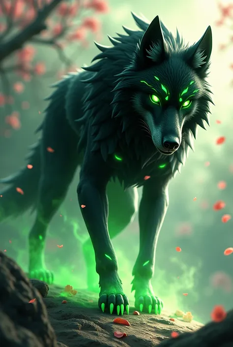 Black and green anime wolf with Japanese characters
