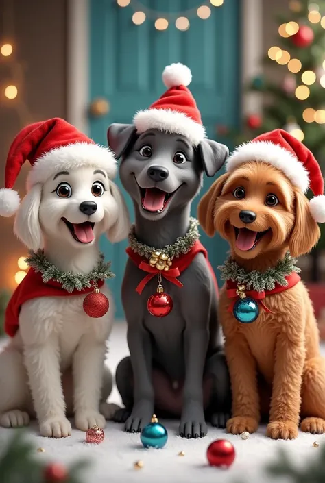  Three dogs wearing Christmas hats and Christmas decorations with the name Snow, sky, Scrapy  