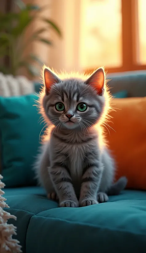 Ultra-detailed (a small, fluffy blue-gray kitten with bright green eyes, sitting on a velvet sofa with colorful cushions, in a modern room lit by the golden light of the sunset), Hyper-realistic and cinematic lighting, 4k.