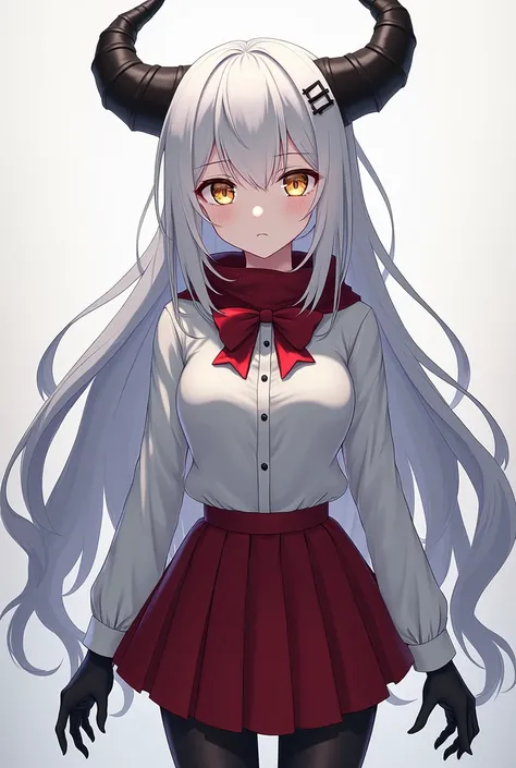 Create a realistic female anime character with white skin and long white hair, undulated with fringes and with long and sharp black horns curved backwards with yellow and orange eyes and with eyelashes and eyeshadow and white pupil with a student outfit th...