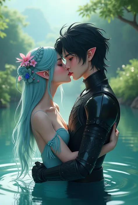  develop a passionate couple kissing .

 the girl has straight hair in the color sky blue , with a wavy and white color on the tips of the hair at the tips,  has a braid running over her head like a tiara .  her eyes are water green ,  the ears are pointed...