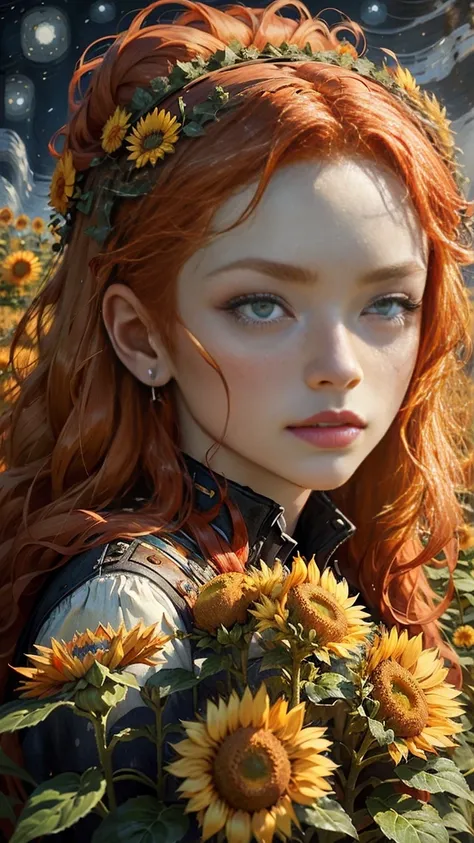 Beautiful woman, red hair, sunflower field, amber eyes, 8k, best quality, (van gogh, starry night background), detailed hair, detailed eyes