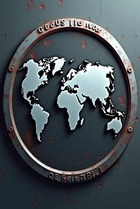  A steel circle engraved with the name  " GeoMundi "  embossed with shadows ,  inside the circle the world map with greyish blue colors,  the oceans with red tones  