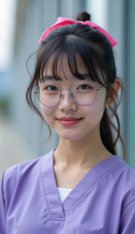 Photography masterpiece canon eos 8k.uhd Thai girl, Asian girl, 25 years old, oval face, wears round glasses, bangs, hair tied back with a pink bow. The ends of my hair blow in the wind. Dress in pastel purple scrubs. Standing in front of the hospital ward...