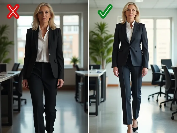  Create a side-by-side comparison of a woman between 50 and 58 years old in formal clothing,  showing how minor adjustments to the style can change the perception of height . On the left side,  in an office with cold lighting , she wears a long, unstructur...