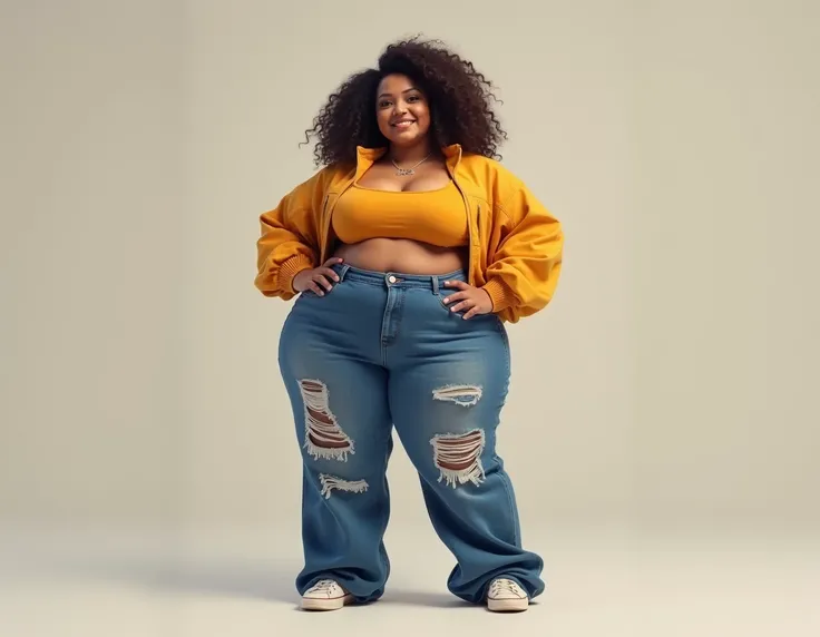 A person who has a thick body and who is wearing baggy jeans and a crop top