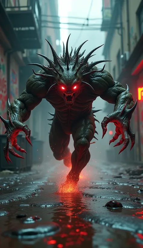  A frantic fusion of Venom and Sonic in a dark and humid alley. The creature,  with its swollen muscles and bristling spines , runs towards the camera,  leaving a slime trail that shines under the black light . Your eyes,  Bright red ,  convey an intense f...