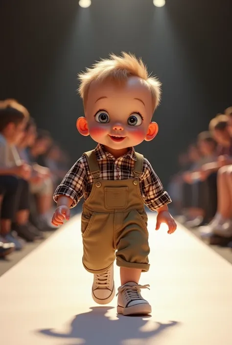 
A baby in khaki overalls and a plaid shirt is walking down a fashion show runway.
The baby has short, spiky hair. He is wearing mini sneakers.
There are seated spectators around, but no other animals or people on the runway. Realistic, high-quality fashio...