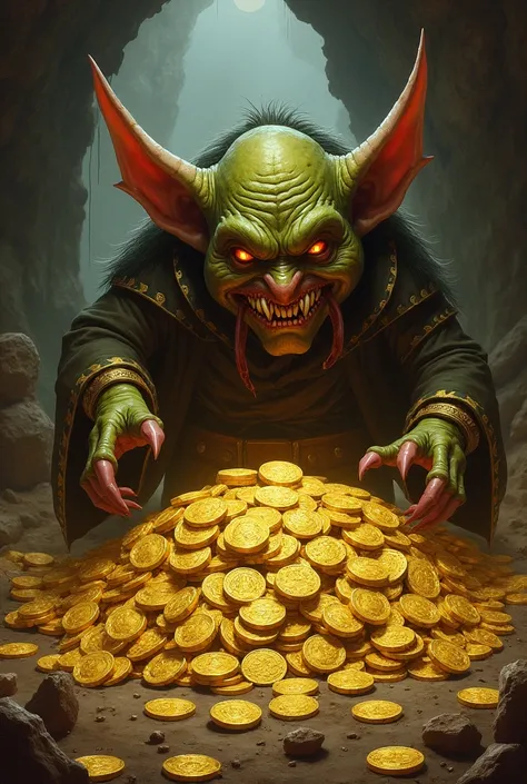  You can make an image of an evil goblin with a lot of gold coins and that at the bottom of the image has a small title that says "Las fijas del Goblin "