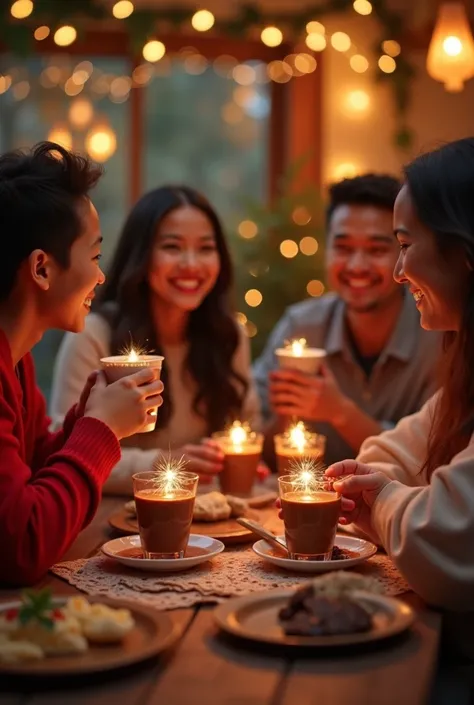  Colombian family , Cheerful and warm with cups of sparkling and provocative Colombian chocolate with a warm Christmas background