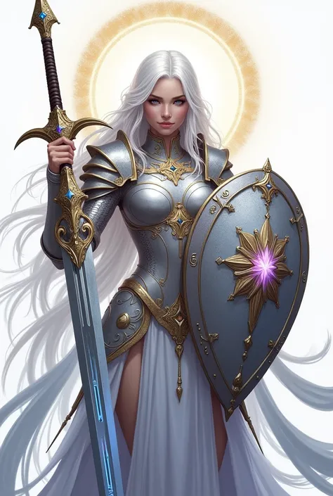 This image is a highly detailed digital illustration in a fantasy art style, featuring a female warrior with an ethereal, otherworldly appearance. She has long, flowing, white hair cascading down her back and shoulders, complemented by a serene, almost ang...