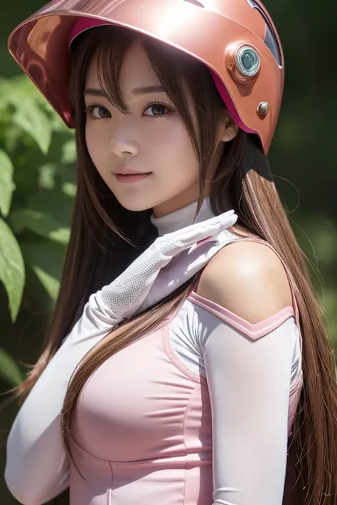  Cute Woman in a Pink Power Ranger Costume, Choi Digital Art , Hand helmet , Pink and White Suid ,  Wear White Gloves , Advanced Details, Super detailed, Movie version,Anime Cosplay Style、face-closeup、、
Huge 、  long brown hair、 shiny ,  oily skin 、  glowin...