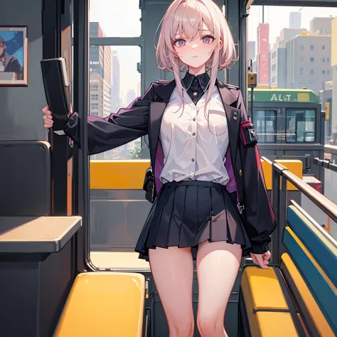  inside the tram, angle from below,uniform, Highlight Thighs,Voyeur,pants, panchira , miniskirt, embarrassed 
