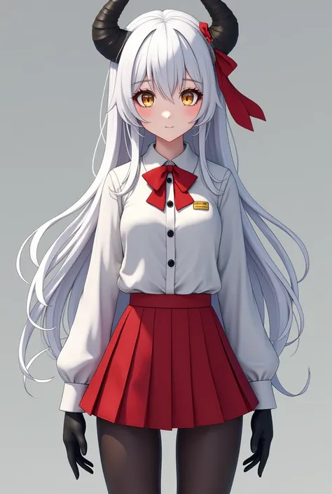 Create a female 3D anime character with white skin and long white hair, undulated with fringes and with long and sharp horns curved backwards with yellow and orange eyes and with eyelashes and eyeshadow and white pupil in a student outfit the white t-shirt...