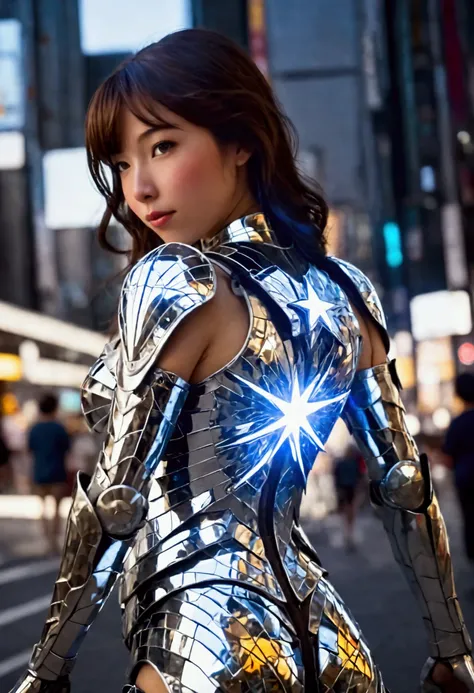 a cute woman (cute, amazing butt, sexy glowing mirrored armor, star and sun motif, she is a super hero focusing lasers with her mirrors) action poses, battling robots Tokyo
