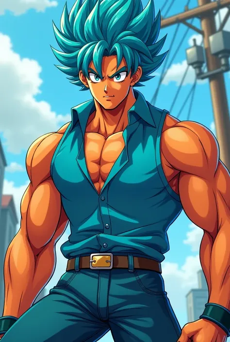 Orange skined buff anime 20 year boy with full blue hair with a  sleeveless cyan shirt flapping lifting up and jeans.
